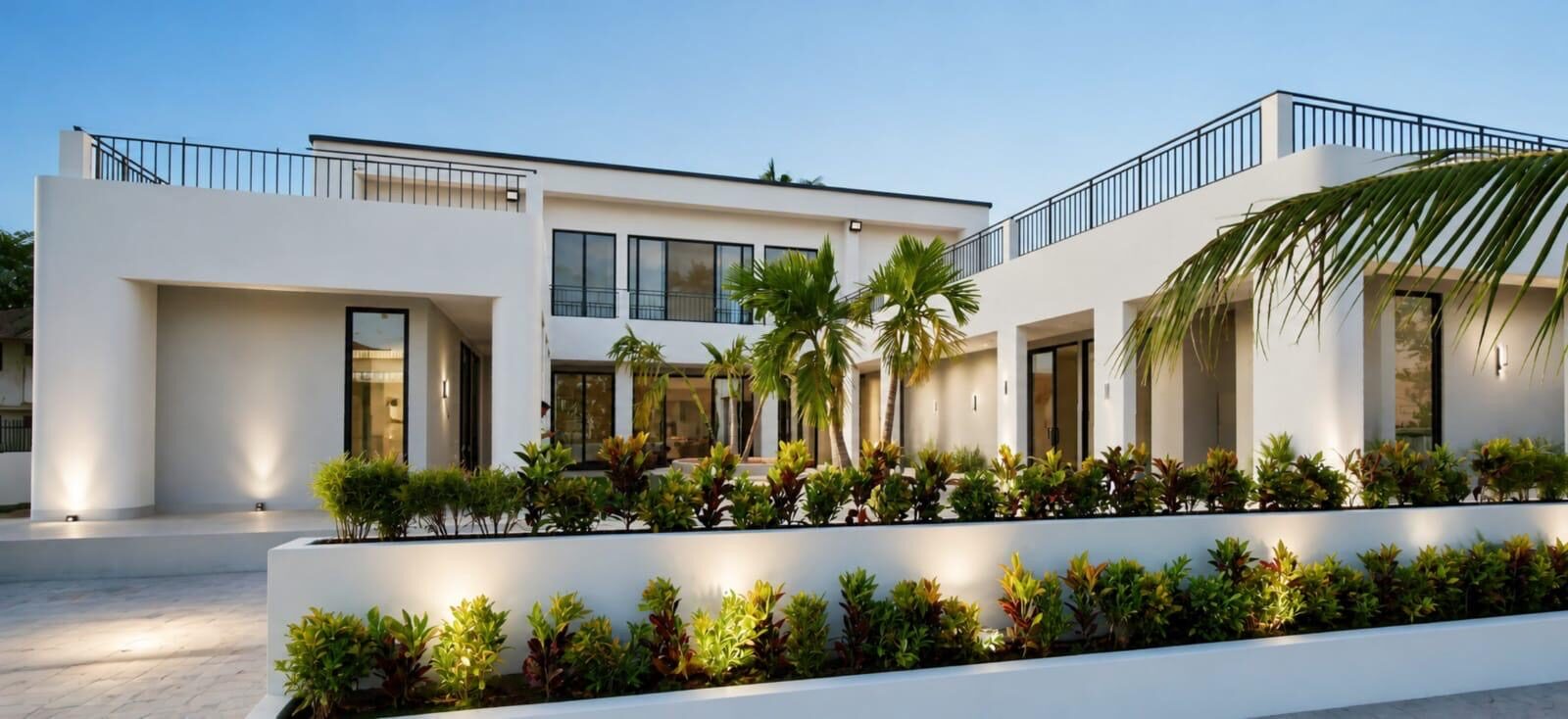 A white two-storey building with tall glass doors, uplit at dusk, with palm trees and planted beds along the front